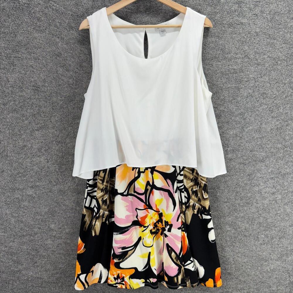 Avenue Dress Women 18/20 Plus White Floral Shift Short Sleeveless Hook & Eye